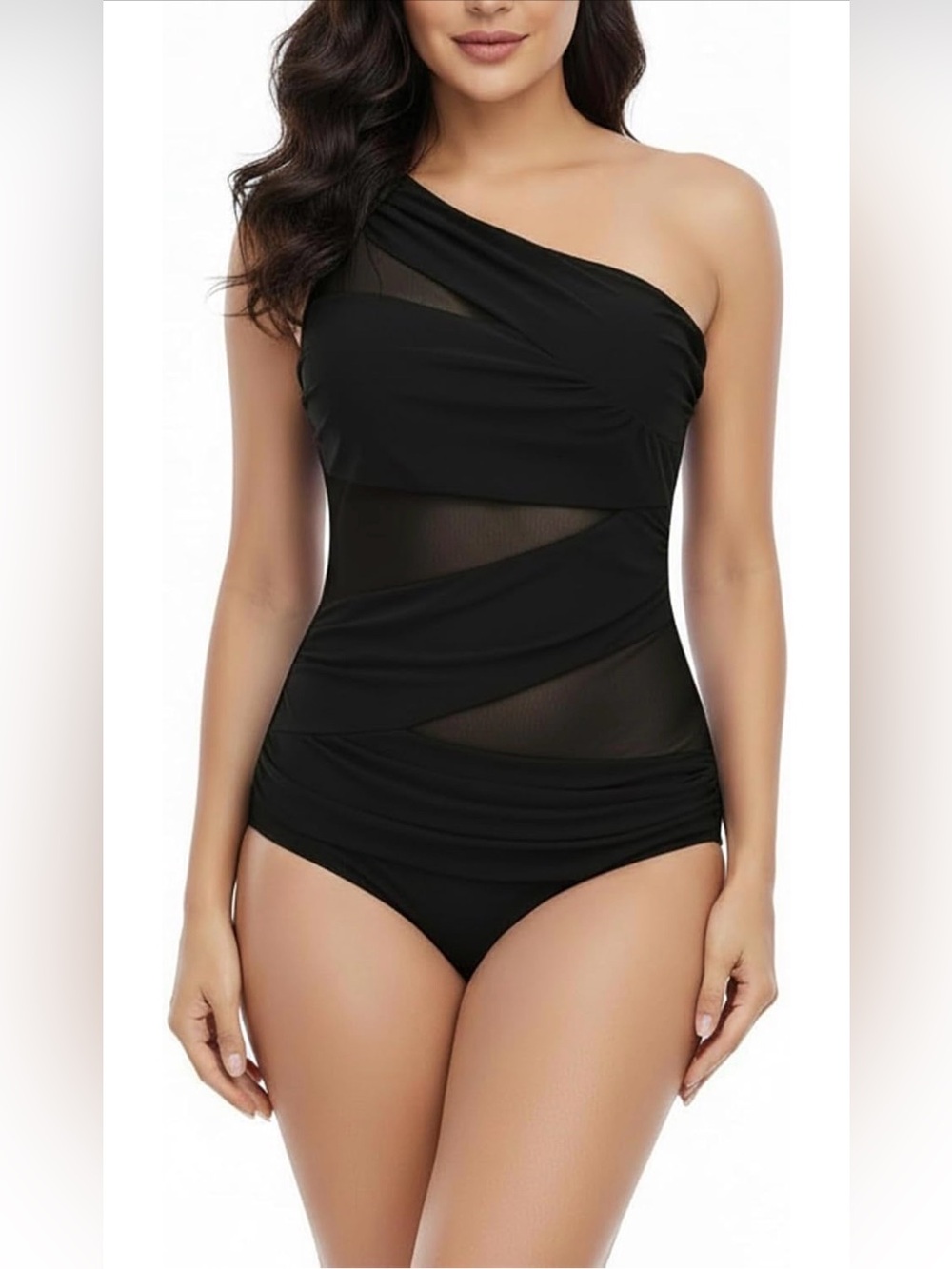 0035: Asymmetric One-Shoulder Black Mesh One-Piece Swimsuit
